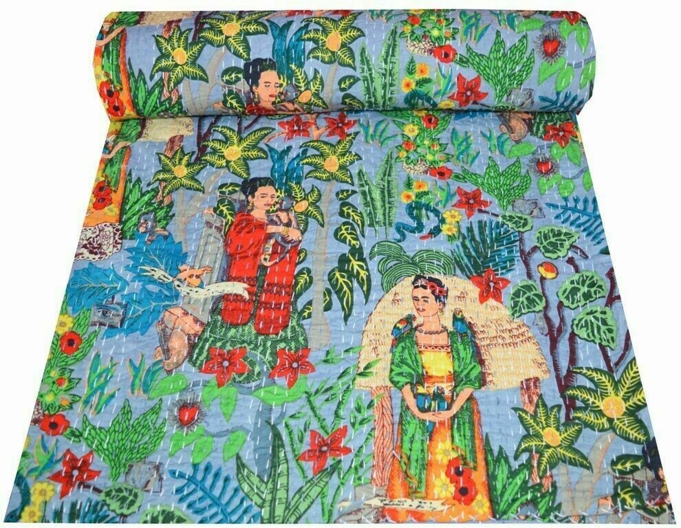 Indian Handmade Kantha Quilt Blanket – Single Size Cotton Bedspread & Throw, Kantha Gudari with Farida Kahlo Print