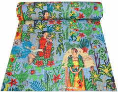 Indian Handmade Kantha Quilt Blanket – Single Size Cotton Bedspread & Throw, Kantha Gudari with Farida Kahlo Print