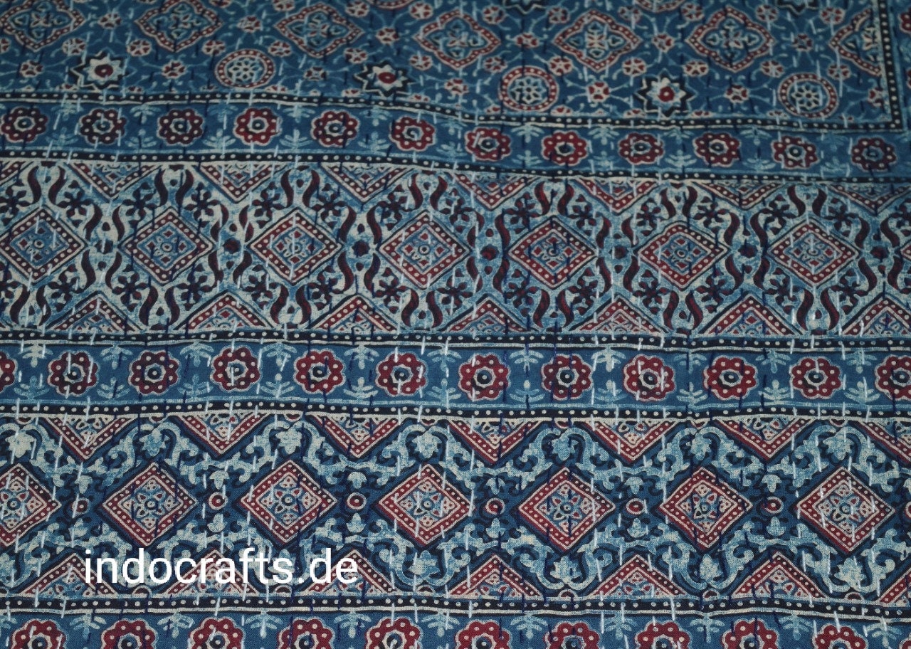 Indischer Ethno Ajrak Print Kantha Quilt Handblockdruck Queen Size Baumwolle Tagesdecke Bettbezug Blaue Decke Überwurf