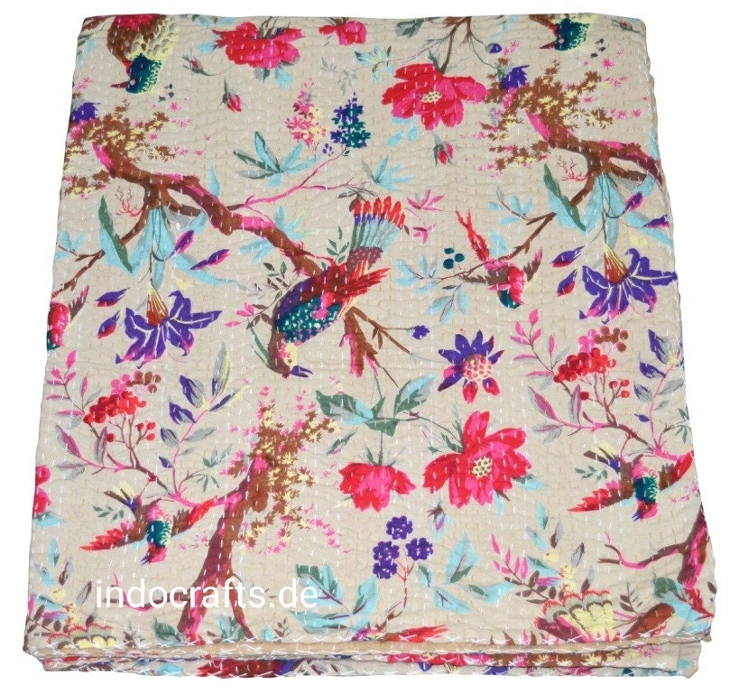 Handmade Indian Patchwork Quilt, Kantha Blanket, Throw, Kantha, Hand Sewn Bedspread Bedding, Throw Flower Queen Size 100% Cotton Kantha