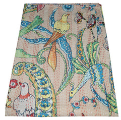 Handgemachte indische Kantha-Steppdecke, Kantha-Decke, Überwurf, Kantha, handgenähte Tagesdecke, Überwurf mit Blumen- und Vogeldruck, Doppelgröße