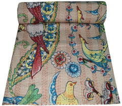 Handgemachte indische Kantha-Steppdecke, Kantha-Decke, Überwurf, Kantha, handgenähte Tagesdecke, Überwurf mit Blumen- und Vogeldruck, Doppelgröße