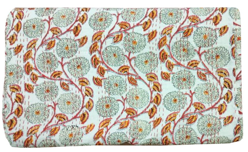 Indian Kantha Quilt Block Printed Kantha Blanket Cotton Kantha Bedspread Handmade Kantha Throw Queen Size Kantha Bed Throw