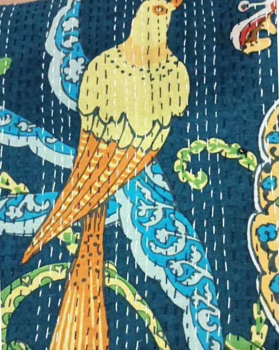 Vintage Indian Kantha Quilt Hand Printed 100% Cotton Bed Cover Bedspread Queen Size Kantha Quilt Bird print