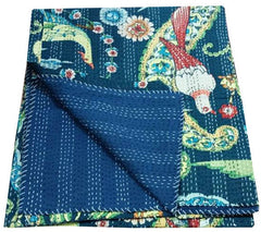 Vintage Indian Kantha Quilt Hand Printed 100% Cotton Bed Cover Bedspread Queen Size Kantha Quilt Bird print