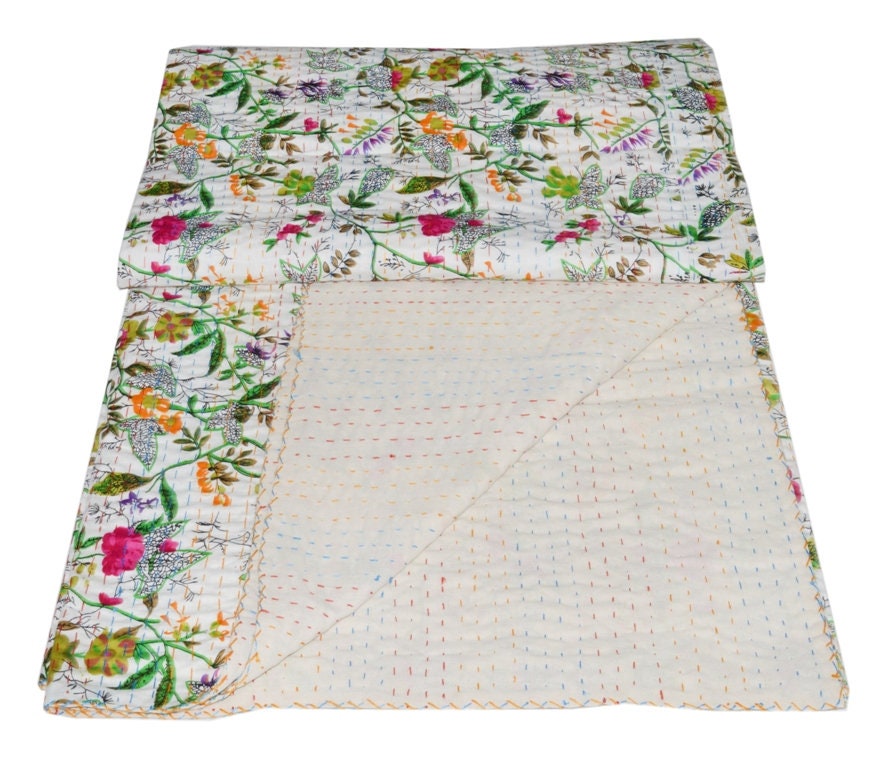 Indian Cotton Paradise Print Kantha Quilt Bedding Throw Sofa Coverlet Bedspread Queen Size Handmade Vintage Blanket White Colour