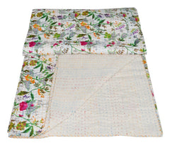 Indian Cotton Paradise Print Kantha Quilt Bedding Throw Sofa Coverlet Bedspread Queen Size Handmade Vintage Blanket White Colour