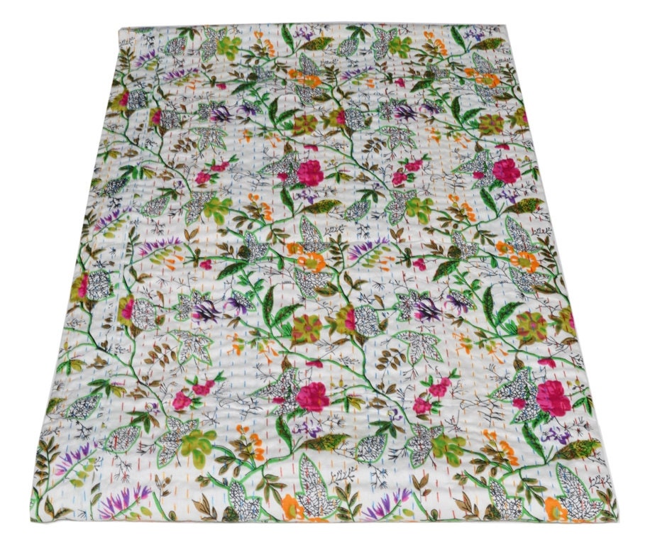 Indian Cotton Paradise Print Kantha Quilt Bedding Throw Sofa Coverlet Bedspread Queen Size Handmade Vintage Blanket White Colour