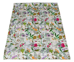 Indian Cotton Paradise Print Kantha Quilt Bedding Throw Sofa Coverlet Bedspread Queen Size Handmade Vintage Blanket White Colour