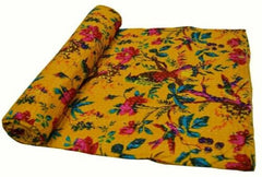 Gelber Vogel Handgemachte indische Kantha-Steppdecke, Kantha-Decke, Überwurf, Kantha, handgenähte Tagesdecke, Überwurf, Blumendruck, Einzel-/Doppelgröße