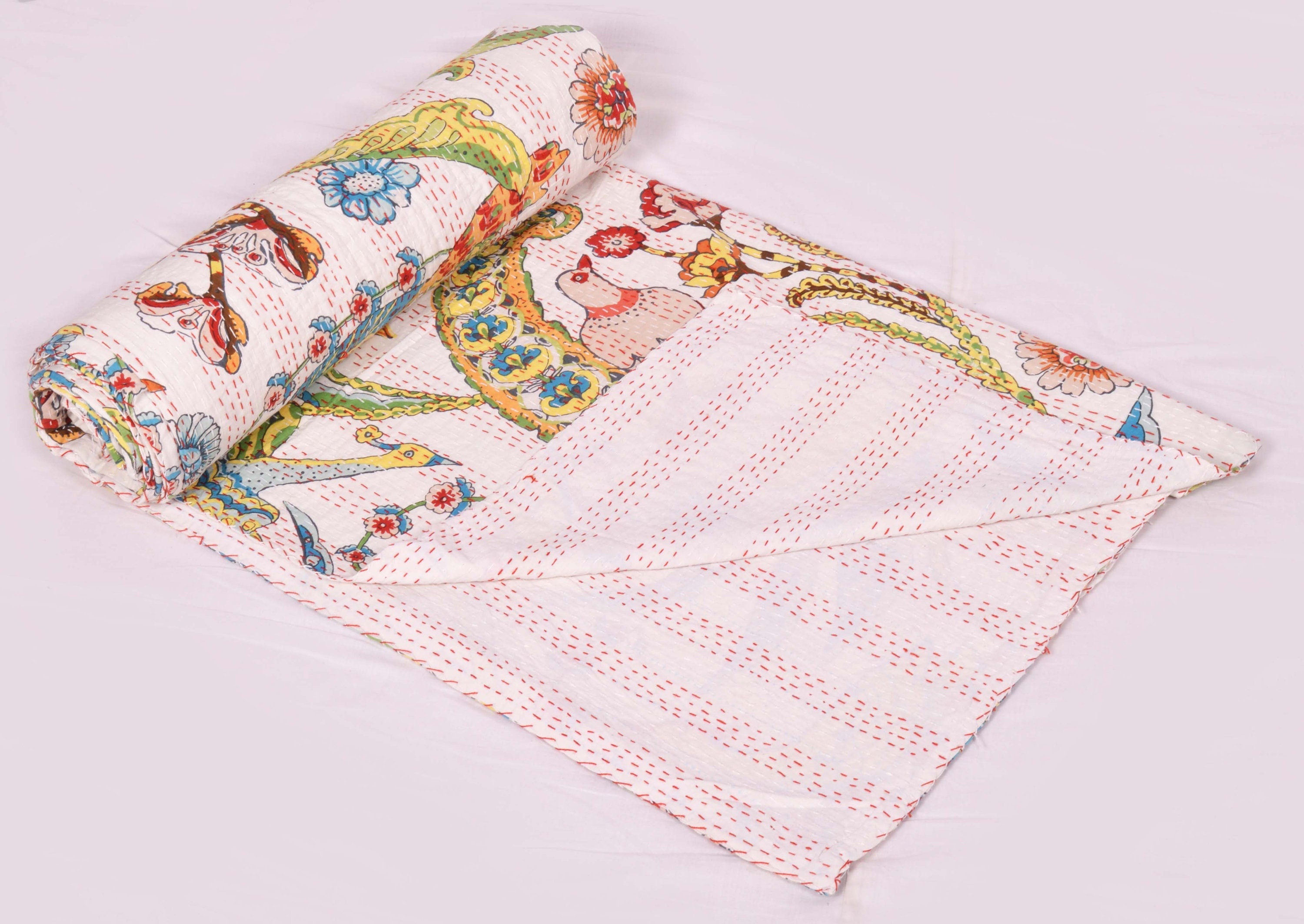 Handgemachte indische Kantha-Steppdecke, Kantha-Decke, Überwurf, Kantha, handgenähte Tagesdecke, Überwurf mit Blumendruck, Einzel-/Doppelgröße