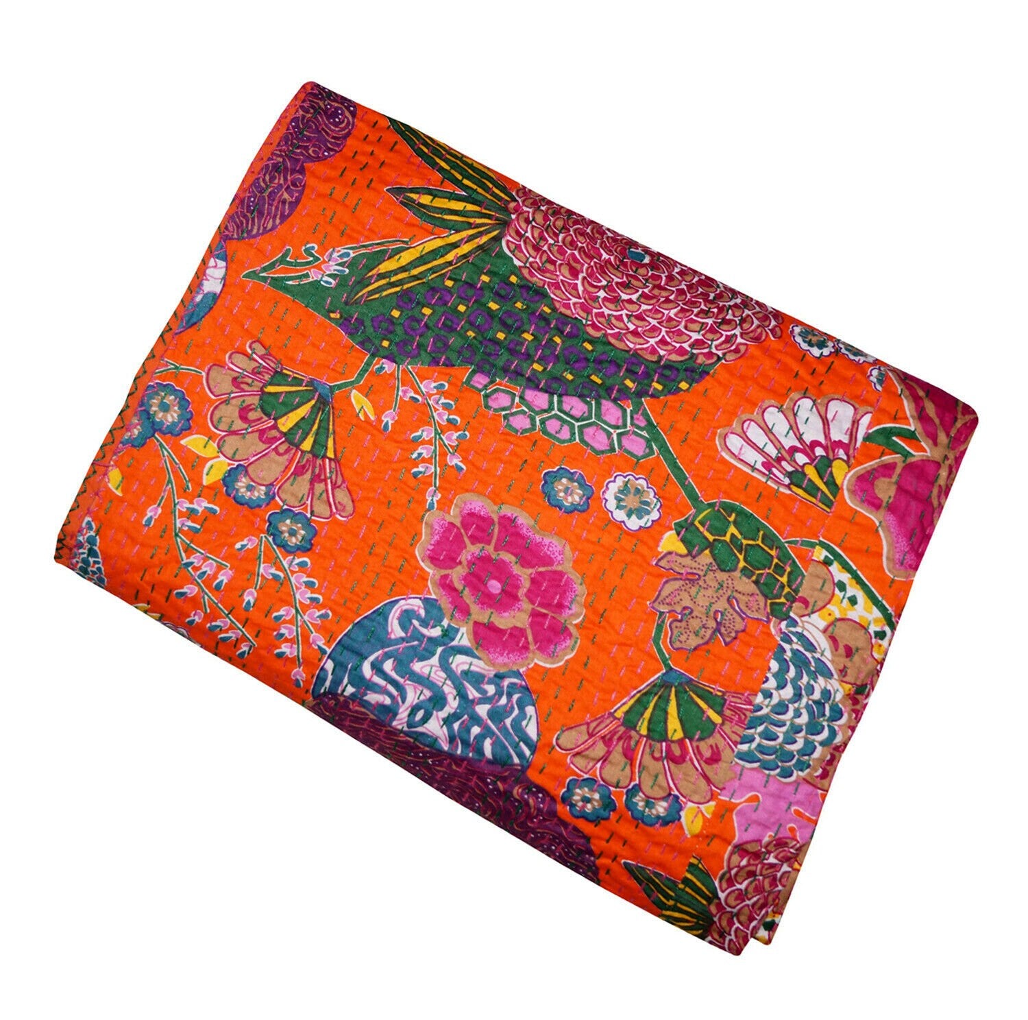 Indian Handmade Fruit Print Kantha Quilt – Vintage Cotton Bedspread, Single & Double Size