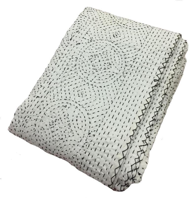 Indian Kantha Quilt Bedspread – Handmade 100% Cotton Vintage Embroidered Blanket & Throw