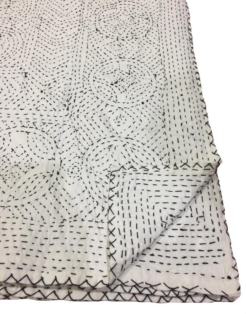 Indian Kantha Quilt Bedspread – Handmade 100% Cotton Vintage Embroidered Blanket & Throw