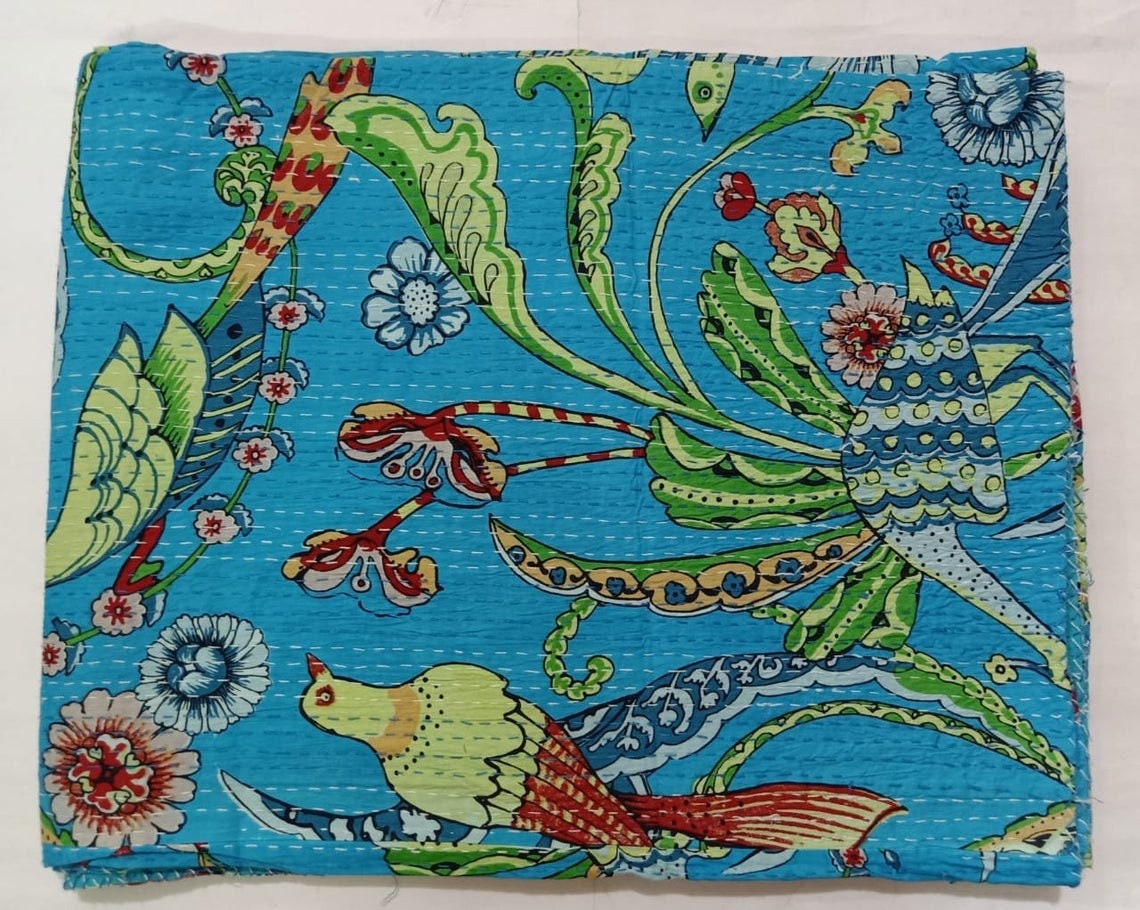 Handmade Kantha Quilt  Indian Cotton Bird Print Kantha Quilt Bedding Throw Sofa Coverlet Bedspread Queen Size Handmade Vintage Blanket Turquoise