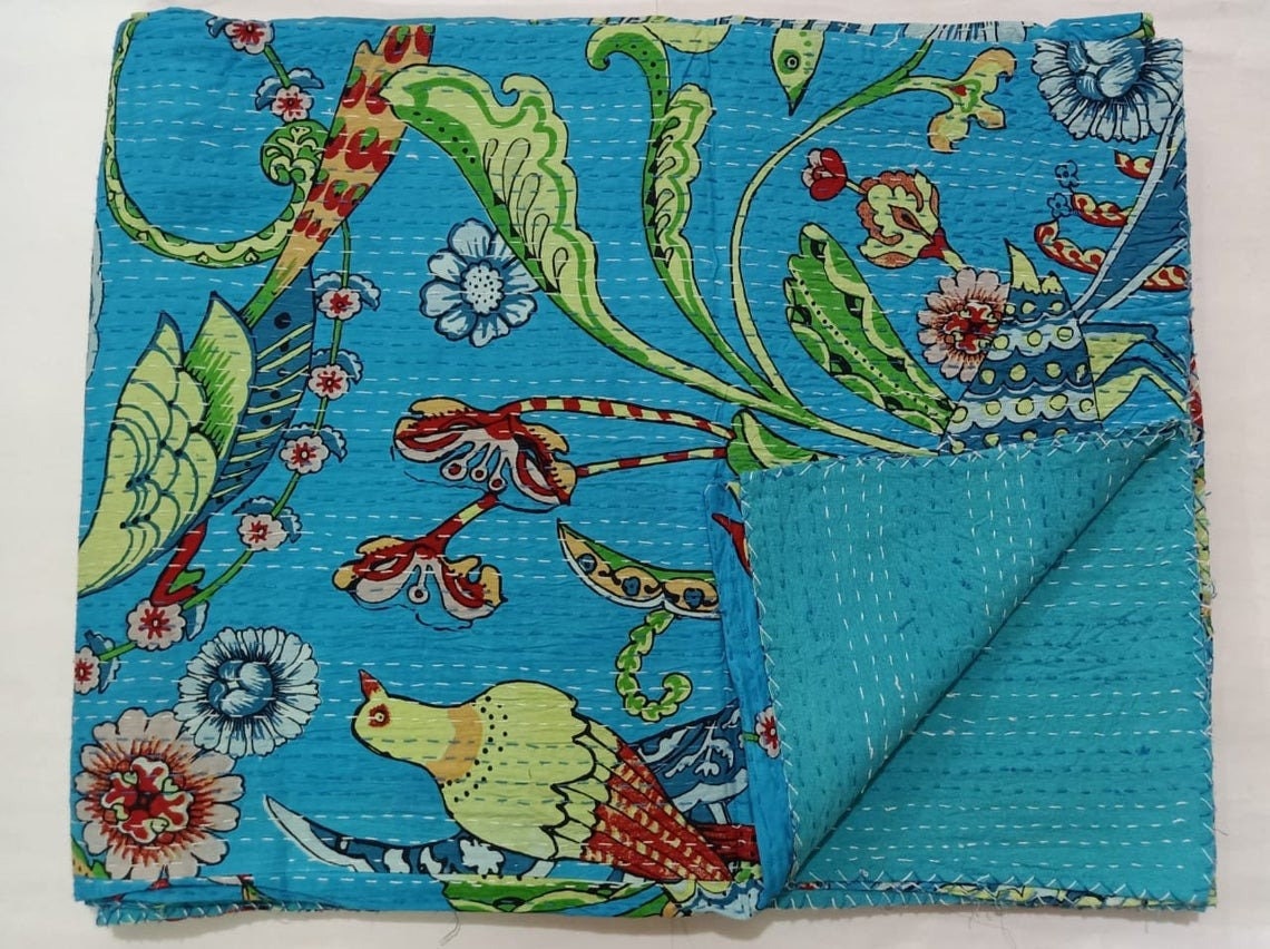Handmade Kantha Quilt  Indian Cotton Bird Print Kantha Quilt Bedding Throw Sofa Coverlet Bedspread Queen Size Handmade Vintage Blanket Turquoise