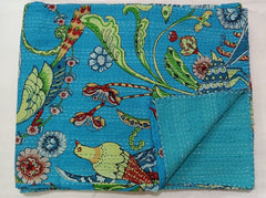Handmade Kantha Quilt  Indian Cotton Bird Print Kantha Quilt Bedding Throw Sofa Coverlet Bedspread Queen Size Handmade Vintage Blanket Turquoise