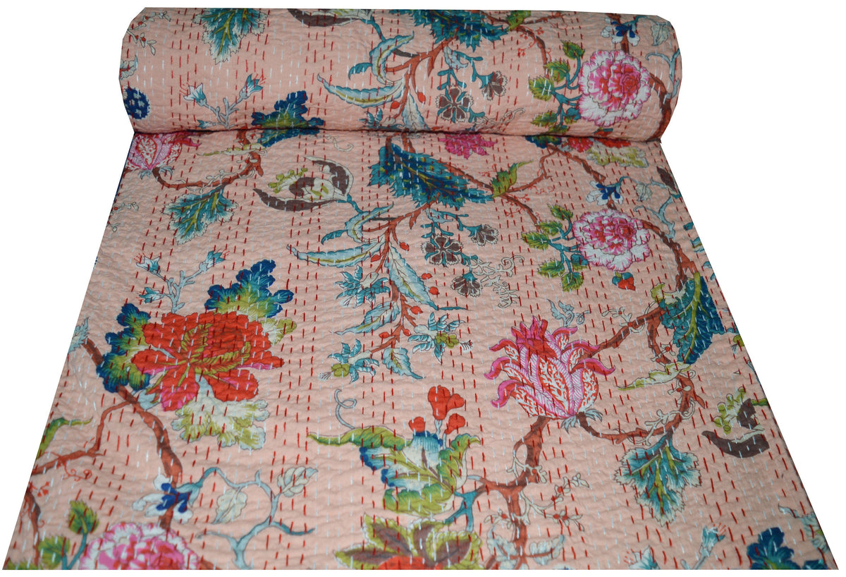 Kantha Quilt, Kantha Decke, Überwurf, Kantha, handgenähte Tagesdecke, Überwurf Blumendruck Doppelgröße Blumendruck Handgemachter Quilt