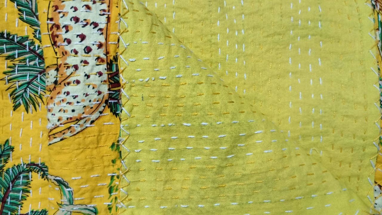 Yellow Animal Print Kantha Quilt