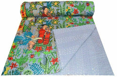 Indian Handmade Kantha Quilt Blanket – Single Size Cotton Bedspread & Throw, Kantha Gudari with Farida Kahlo Print