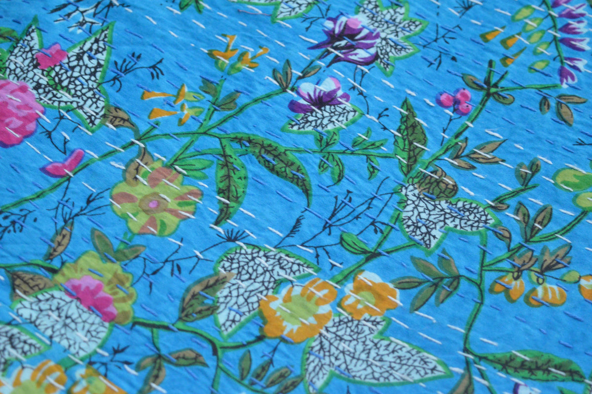 Indischer Ethno-Paradies-Druck, Kantha-Steppdecke, Handblockdruck, Queen-Size-Größe, 100 % Baumwolle, Tagesdecke, Bettüberwurf