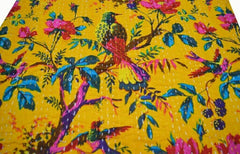 Gelber Vogel Handgemachte indische Kantha-Steppdecke, Kantha-Decke, Überwurf, Kantha, handgenähte Tagesdecke, Überwurf, Blumendruck, Einzel-/Doppelgröße
