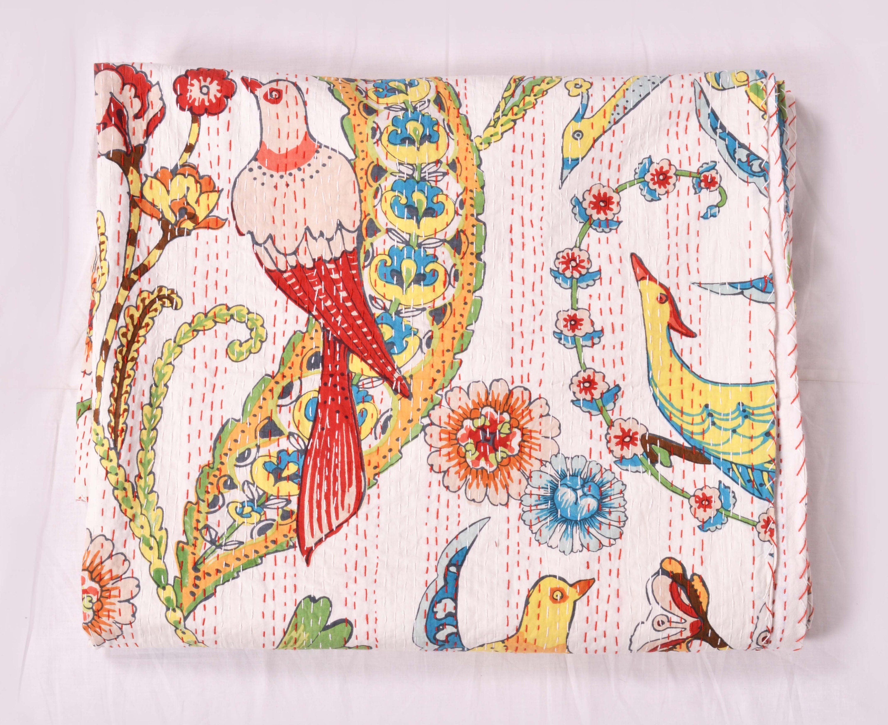 Handgemachte indische Kantha-Steppdecke, Kantha-Decke, Überwurf, Kantha, handgenähte Tagesdecke, Überwurf mit Blumendruck, Einzel-/Doppelgröße