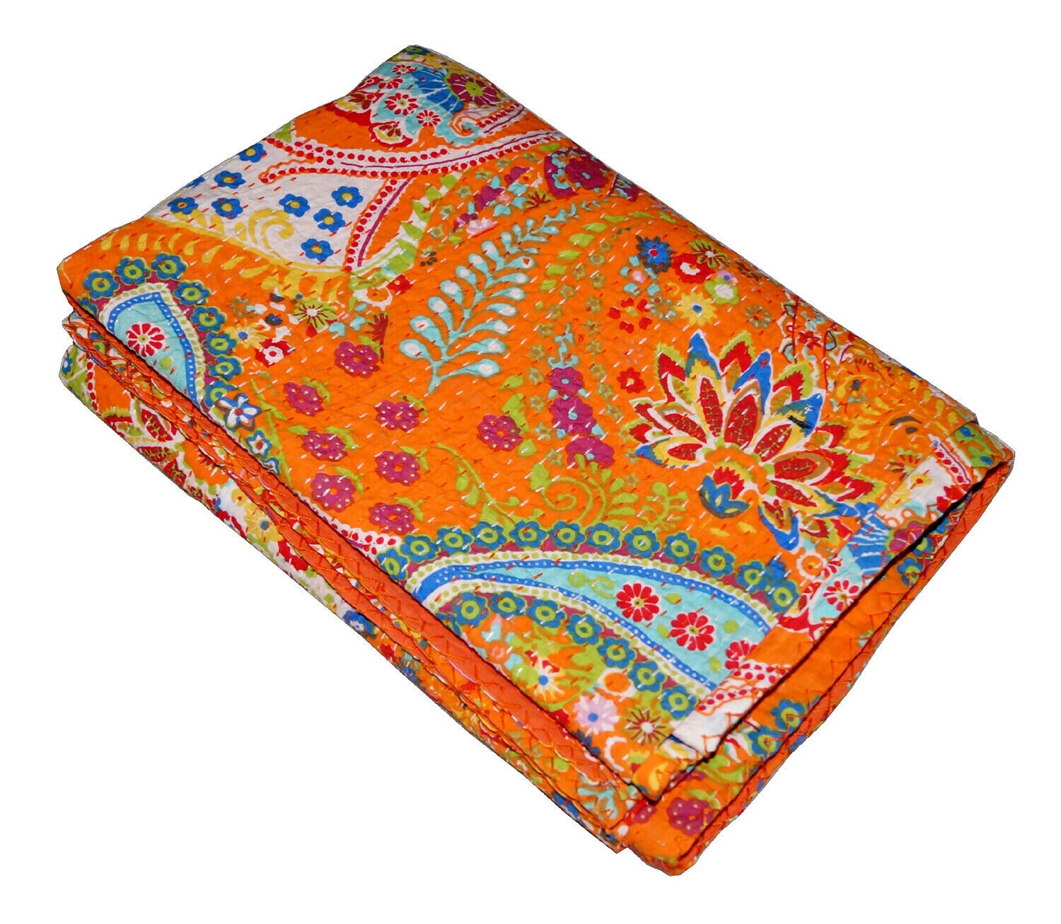 Indian Handmade Kantha Quilt Throw – Reversible Cotton Bedspread, Paisley Print Orange, Single/Double Size