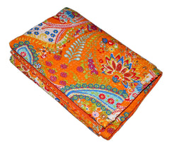 Indian Handmade Kantha Quilt Throw – Reversible Cotton Bedspread, Paisley Print Orange, Single/Double Size