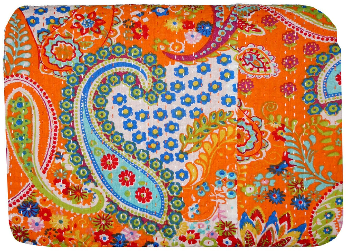 Indian Handmade Kantha Quilt Throw – Reversible Cotton Bedspread, Paisley Print Orange, Single/Double Size