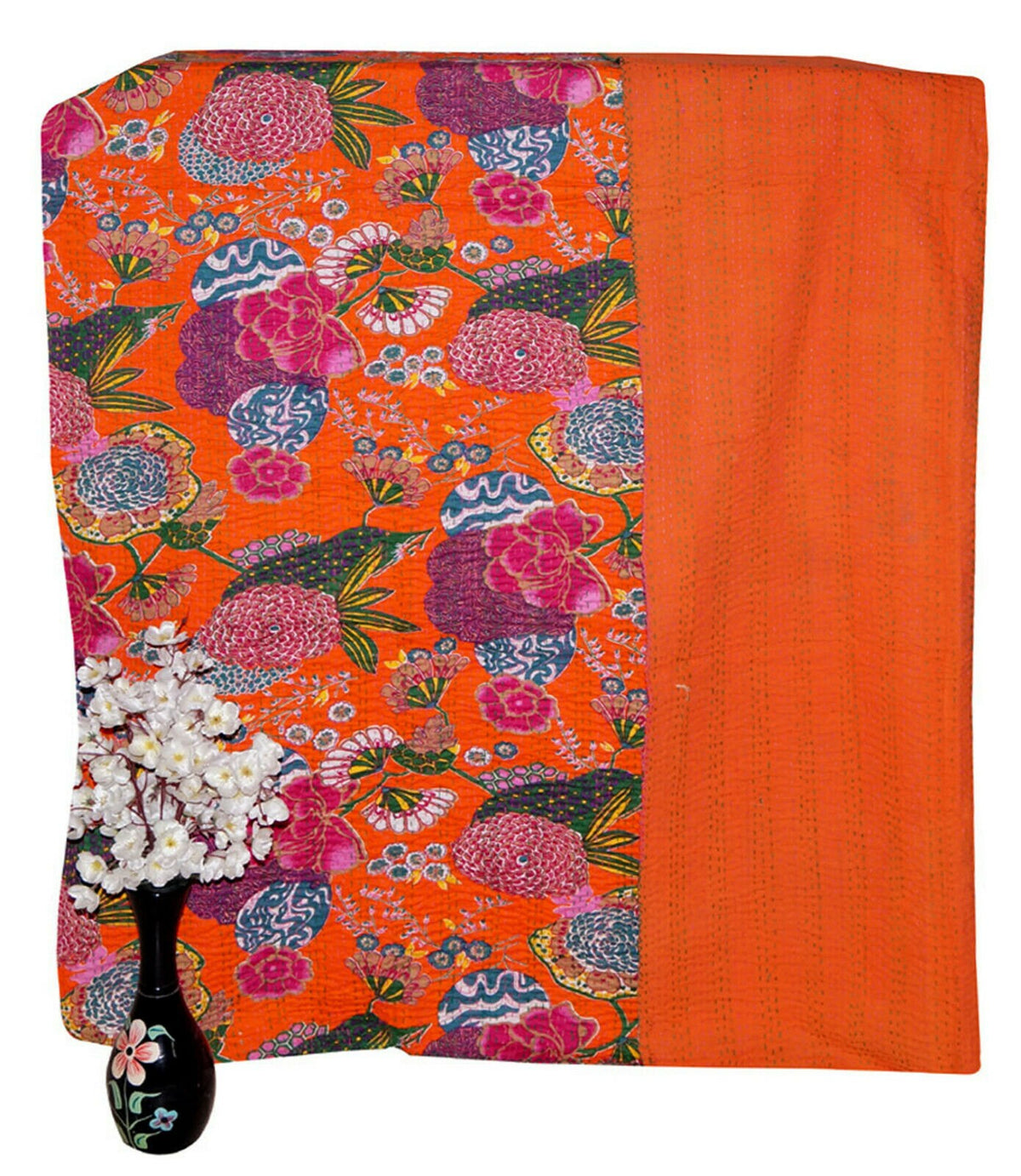 Indian Handmade Fruit Print Kantha Quilt – Vintage Cotton Bedspread, Single & Double Size