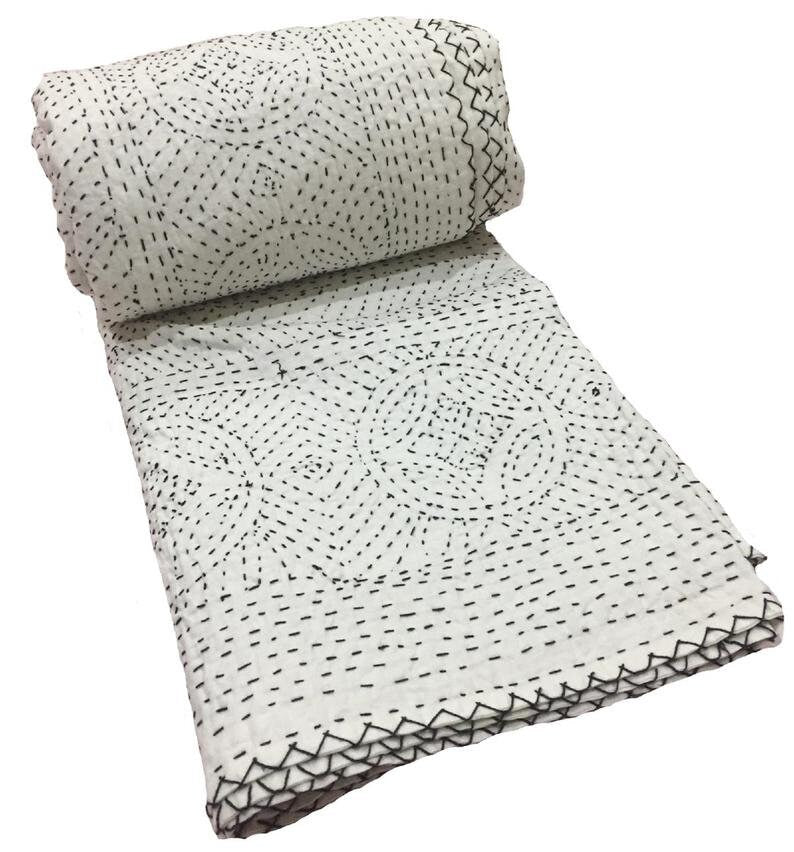 Indian Kantha Quilt Bedspread – Handmade 100% Cotton Vintage Embroidered Blanket & Throw