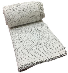 Indian Kantha Quilt Bedspread – Handmade 100% Cotton Vintage Embroidered Blanket & Throw