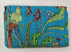 Handmade Kantha Quilt  Indian Cotton Bird Print Kantha Quilt Bedding Throw Sofa Coverlet Bedspread Queen Size Handmade Vintage Blanket Turquoise