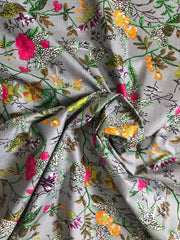Indischer Baumwollstoff, Sommerkleider, Handblockdruck, Boho-Stoff, Gypsy-Stoff, Quilting-Baumwolle, Blumendruckstoff Paradise Print Grau