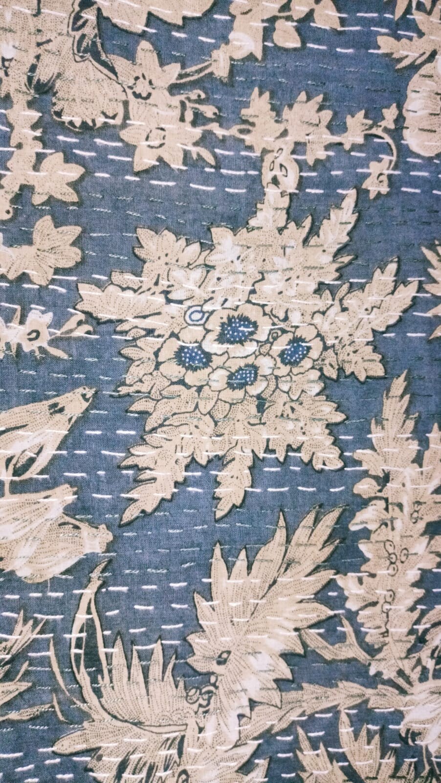 Indian Kantha Quilt – Handmade Queen Size Gray Floral Print Bedcover & Throw Blanket