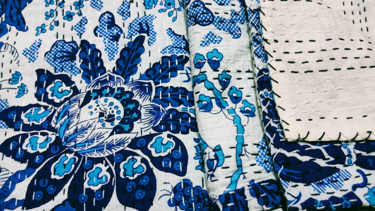 Indian Kantha Quilt – Handmade 100% Cotton Floral Print Bedspread & Blanket Throw