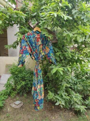 Indian Large Cotton Bathrobe – Blue Frida Kahlo Printed Kimono Dressing Gown for Women