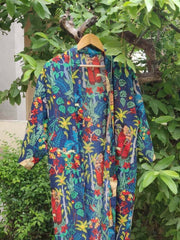 Indian Large Cotton Bathrobe – Blue Frida Kahlo Printed Kimono Dressing Gown for Women