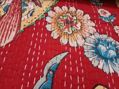 Indian Cotton Red Bird Print Kantha Quilt Bedding Throw Sofa Coverlet Bedspread Queen Size Handmade Vintage Blanket