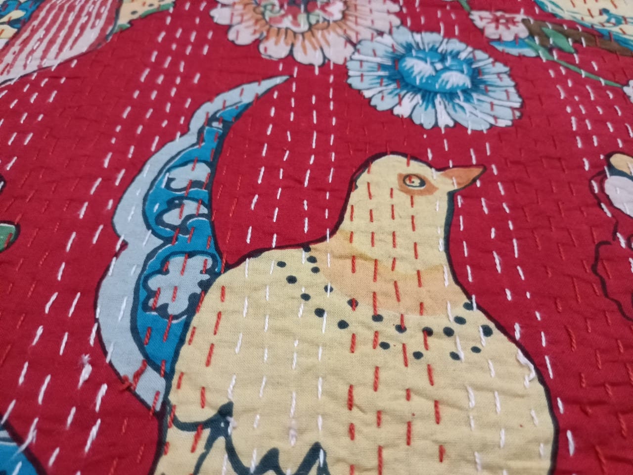 Indian Cotton Red Bird Print Kantha Quilt Bedding Throw Sofa Coverlet Bedspread Queen Size Handmade Vintage Blanket