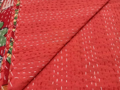 Indian Cotton Red Bird Print Kantha Quilt Bedding Throw Sofa Coverlet Bedspread Queen Size Handmade Vintage Blanket