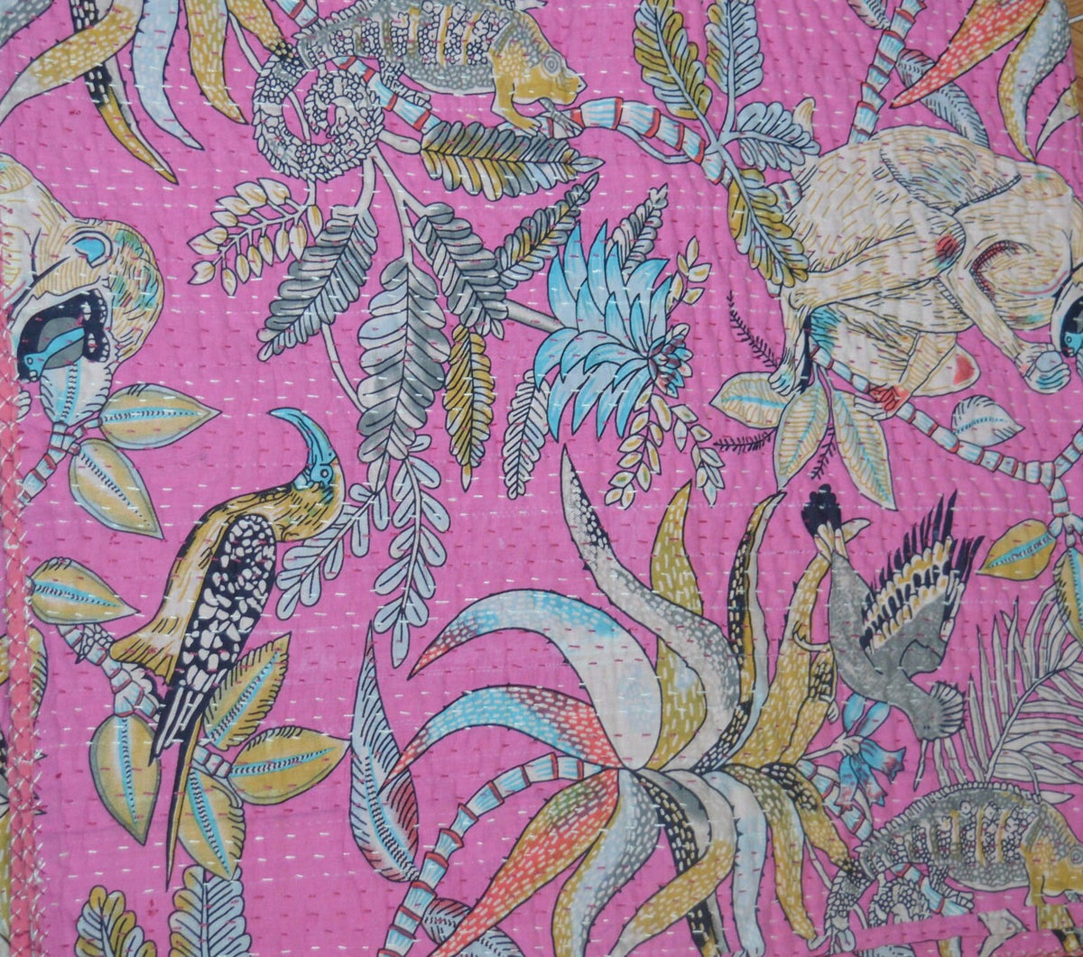 Indischer Ethno-Affendruck, Kantha-Steppdecke, Handblockdruck, Queen-Size-Größe, 100 % Baumwolle, Tagesdecke, Bettüberwurf