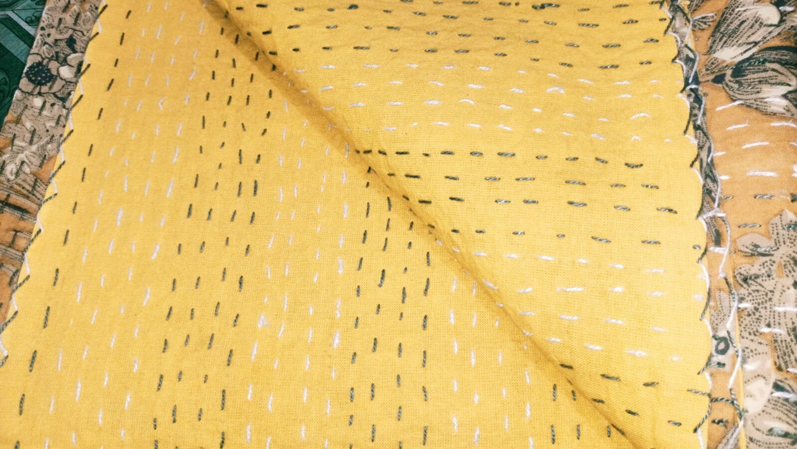 Indian Kantha Quilt – Hand Sewn Double Size Bedspread & Throw with Yellow Flower Print