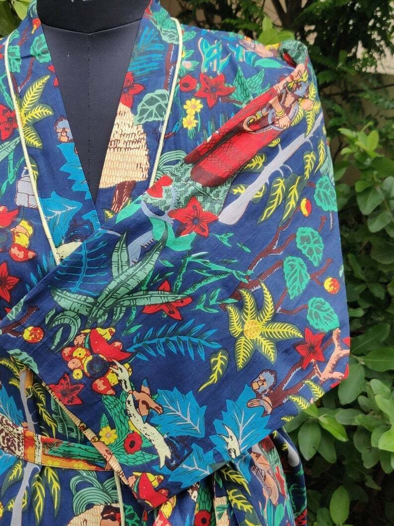 Indian Large Cotton Bathrobe – Blue Frida Kahlo Printed Kimono Dressing Gown for Women