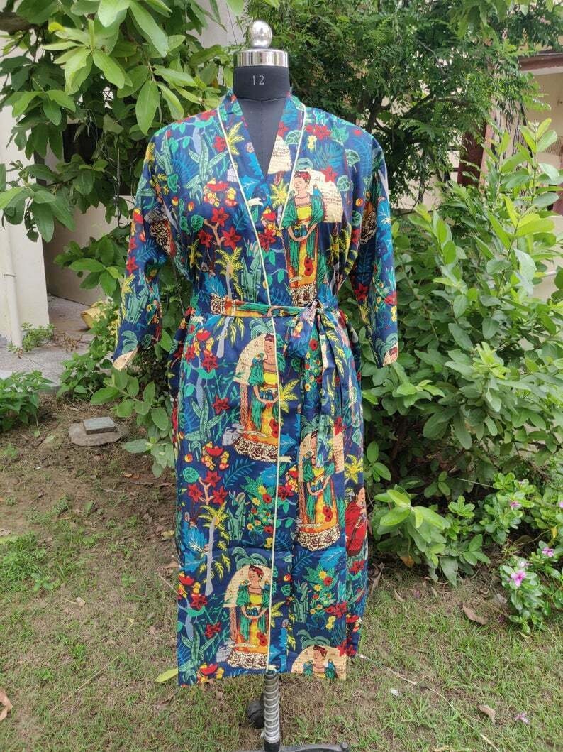 Indian Large Cotton Bathrobe – Blue Frida Kahlo Printed Kimono Dressing Gown for Women