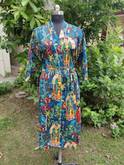 Indian Large Cotton Bathrobe – Blue Frida Kahlo Printed Kimono Dressing Gown for Women