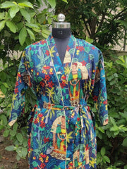 Indian Large Cotton Bathrobe – Blue Frida Kahlo Printed Kimono Dressing Gown for Women