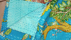 Indian Kantha Quilt – Hand Sewn Double Size Bedspread & Throw with Turquoise Flower Print