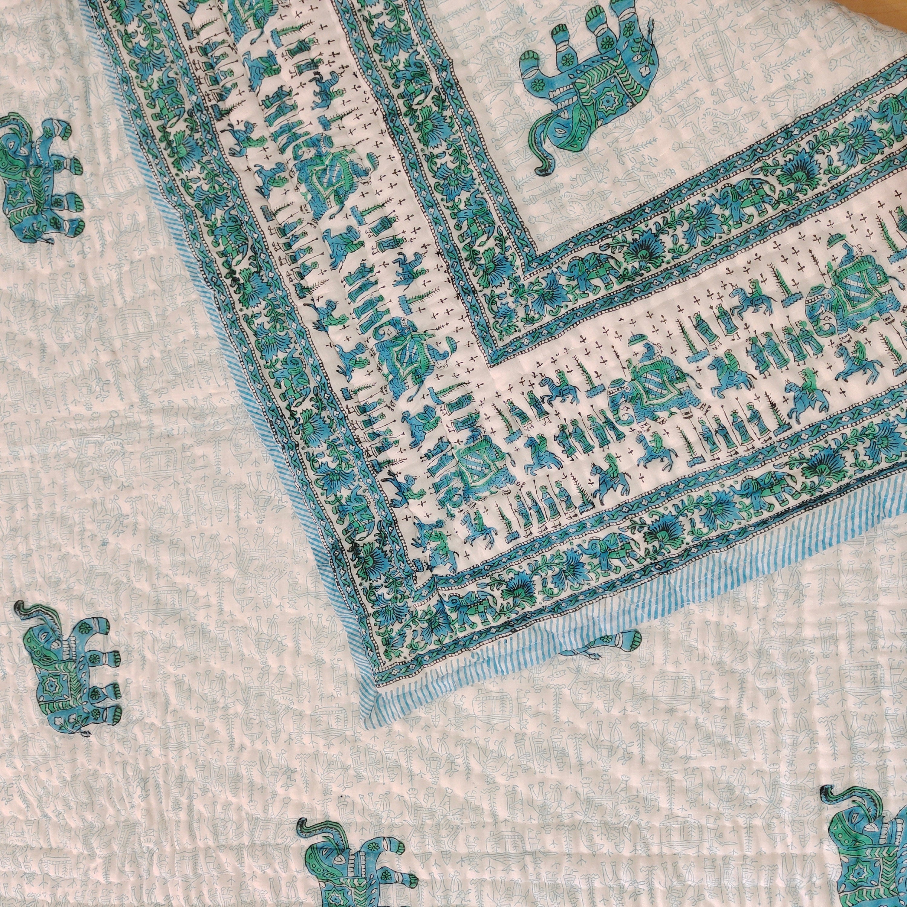 Indian Jaipuri Blue Print Quilt – Handmade Floral Razai Cotton Bedspread